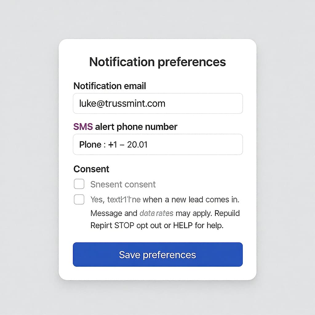 Trussmint operator settings showing the SMS consent checkbox unchecked by default, with the SMS phone number field marked Optional.